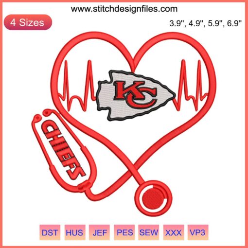 Heartbeat Nurse Love Kansas City Chiefs Embroidery Design featuring NFL Love Football Machine Design with heart and needle accents.