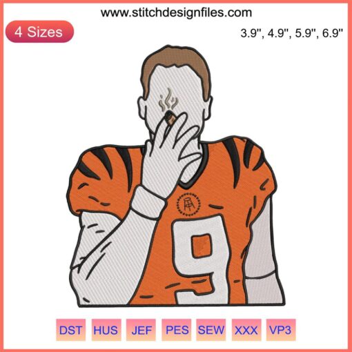 Joe Burrow Smoking Cigar Embroidery Design, NFL Cincinnati Bengals Football, Unique Sports Art