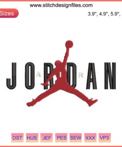 Air Jordan logo embroidery design file featuring iconic Michael Jordan basketball silhouette for high-quality customization.