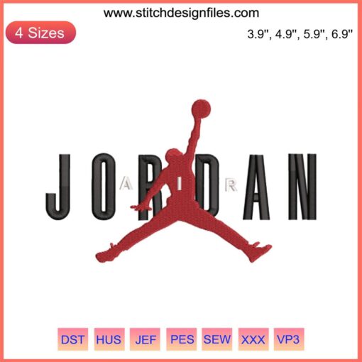Air Jordan logo embroidery design file featuring iconic Michael Jordan basketball silhouette for high-quality customization.