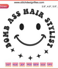Smiley face embroidery for hair stylists with retro groovy vintage design, perfect for Bomb Ass stylist flair.