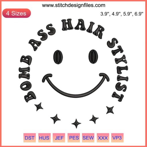 Smiley face embroidery for hair stylists with retro groovy vintage design, perfect for Bomb Ass stylist flair.