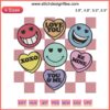 Colorful checkered embroidery featuring funny smiley candy hearts, perfect for Valentine's Day crafting.
