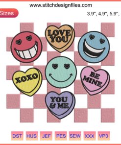 Colorful checkered embroidery featuring funny smiley candy hearts, perfect for Valentine's Day crafting.