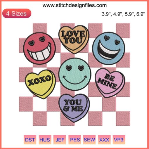 Colorful checkered embroidery featuring funny smiley candy hearts, perfect for Valentine's Day crafting.