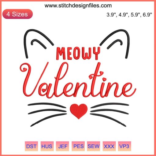 Meowy Valentine Cat Embroidery Design | Valentine's Day File | Cat Lover Gift | My Cat Is My Love Heart Design