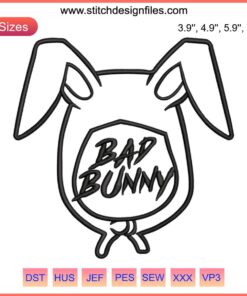 Bad Bunny Embroidery Design File: Detailed rapper Bad Rabbit machine embroidery for creative projects. Digital download.