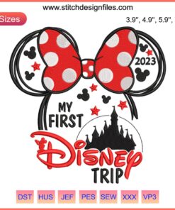 Magical Mickey Castle embroidery design file for My First Disney Trip 2023; perfect for DIY Disney apparel crafts.