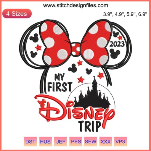 Magical Mickey Castle embroidery design file for My First Disney Trip 2023; perfect for DIY Disney apparel crafts.