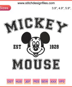 Mickey Mouse Est. 1928 Embroidery: Cute Disney design featuring iconic Mickey face on a classic black background.