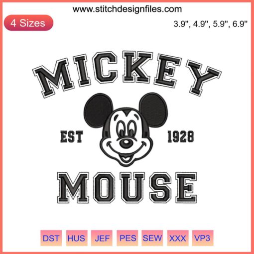 Mickey Mouse Est. 1928 Embroidery: Cute Disney design featuring iconic Mickey face on a classic black background.