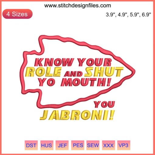 Kansas City Chiefs Embroidery Design: "Know Your Role and Shut Your Mouth" Text, Sports Fan Gift.