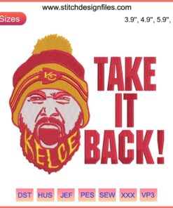 Travis Kelce and Mahomes Kansas City Chiefs embroidery design file featuring iconic Chiefs logo and player illustrations.