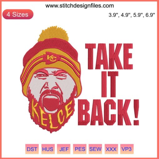 Travis Kelce and Mahomes Kansas City Chiefs embroidery design file featuring iconic Chiefs logo and player illustrations.