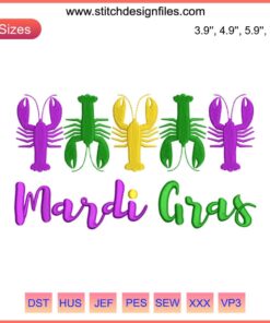 Colorful Mardi Gras crawfish embroidery design, perfect for festive projects; digital download.