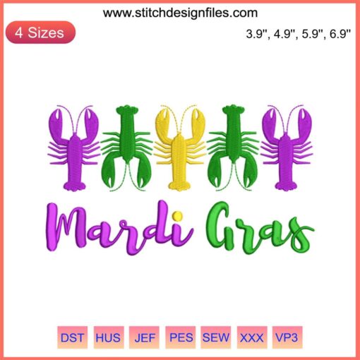 Colorful Mardi Gras crawfish embroidery design, perfect for festive projects; digital download.