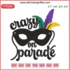 Colorful Mardi Gras mask embroidery design for carnival celebration; Machine embroidery file with festive beads and feathers.