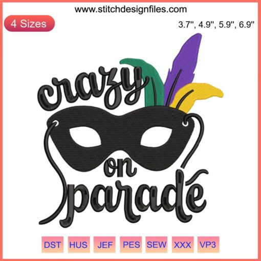Colorful Mardi Gras mask embroidery design for carnival celebration; Machine embroidery file with festive beads and feathers.