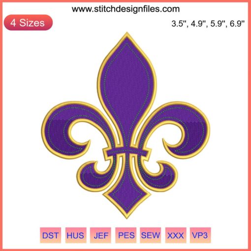 Mardi Gras Fleur De Lis Embroidery Design File, vibrant New Orleans machine embroidery featuring iconic fleur de lis motif.