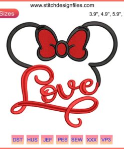 Minnie Mouse Valentine's Day embroidery design featuring Minnie in a heart motif, perfect for machine embroidery enthusiasts.