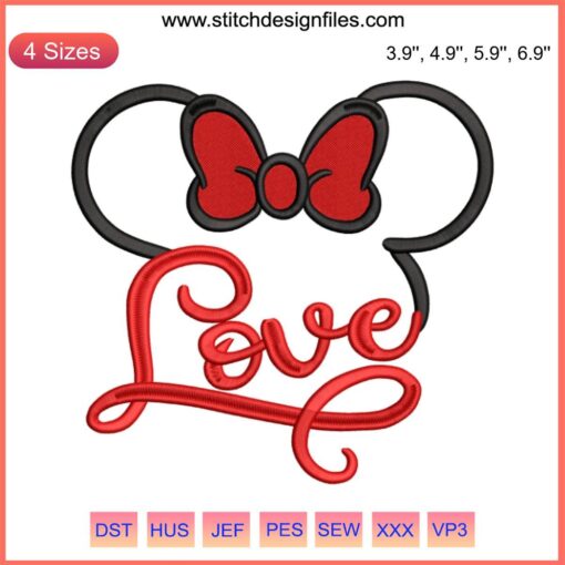 Minnie Mouse Valentine's Day embroidery design featuring Minnie in a heart motif, perfect for machine embroidery enthusiasts.