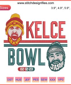 "Embroidery design of Travis and Jason Kelce for Super Bowl 2023, Kelce Bowl theme, digital design file for NFL fans."