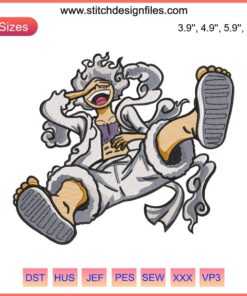 Luffy G5 Embroidery Design: One Piece anime style, featuring Luffy in powerful Gear 5 form. Perfect for machine embroidery.