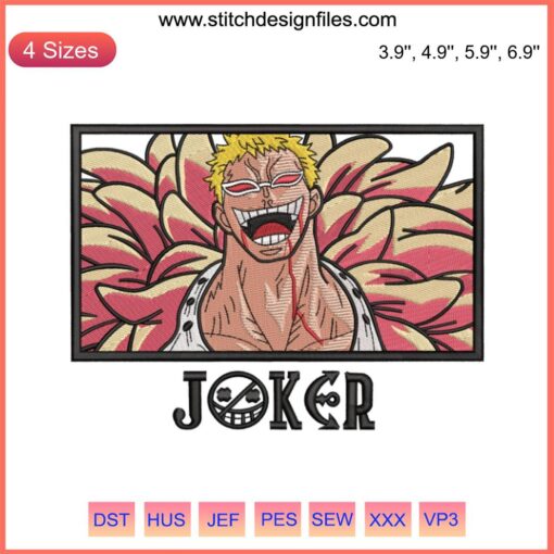 Doflamingo Embroidery Design: Vibrant One Piece Anime, Machine Embroidery File, Pirate Theme, Customizable, Digital Download