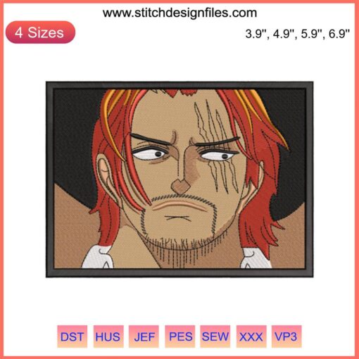 Akagami Shanks Embroidery File: One Piece Anime Machine Embroidery Design, Red-Haired Shanks Iconic Anime Character.