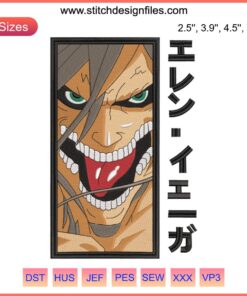Eren Yeager Embroidery Design File - Attack on Titan Anime Embroidery for DIY Projects, High-Quality Digital Download.