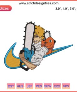 Nike Chainsaw Man Pochita Embroidery File: Anime Nike logo featuring cute Pochita design, perfect for embroidery projects.