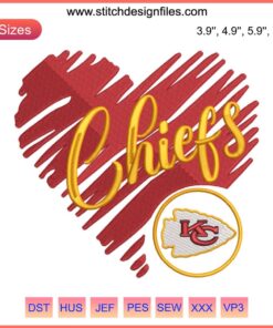 Heart Love Kansas City Chiefs Embroidery Design, KC Chiefs American Football Logo Embroidery Pattern.