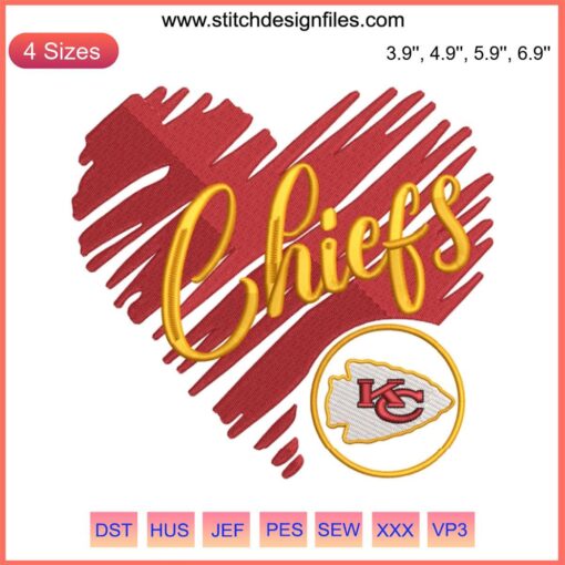 Heart Love Kansas City Chiefs Embroidery Design, KC Chiefs American Football Logo Embroidery Pattern.