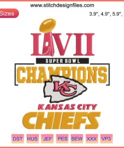 Kansas City Chiefs LVII Super Bowl Champions 2023 embroidery design file, featuring vibrant championship motifs and KC logo.