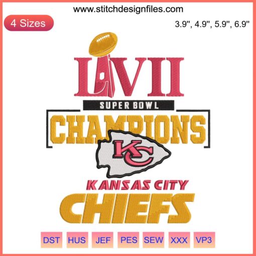 Kansas City Chiefs LVII Super Bowl Champions 2023 embroidery design file, featuring vibrant championship motifs and KC logo.