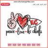 Peace Love KC Chiefs Embroidery Design: Football, heart, peace symbol in Chiefs colors; perfect for Kansas City fans.