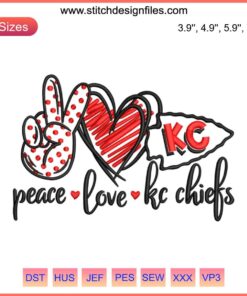 Peace Love KC Chiefs Embroidery Design: Football, heart, peace symbol in Chiefs colors; perfect for Kansas City fans.