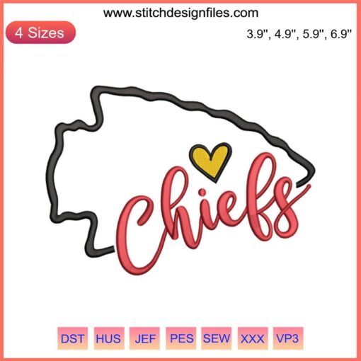 Kansas City Chiefs Heart Embroidery File: "I Love Chiefs" Football Design in Red & Gold. Perfect for Chiefs Fans & DIY Projects.