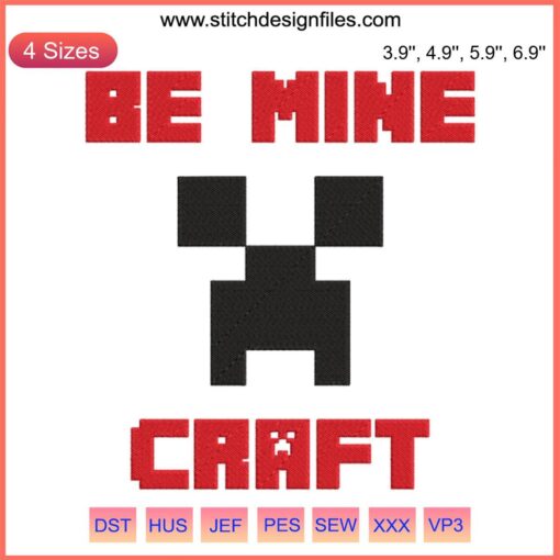 Valentine's Day Minecraft Design: Pixelated heart with "Be Mine" in craft embroidery style, perfect for DIY enthusiasts.