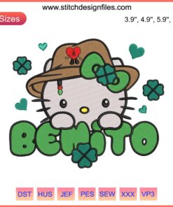 Hello Kitty Embroidery Design with Bad Bunny and Lucky Shamrock for Patrick’s Day - Digital File Download.