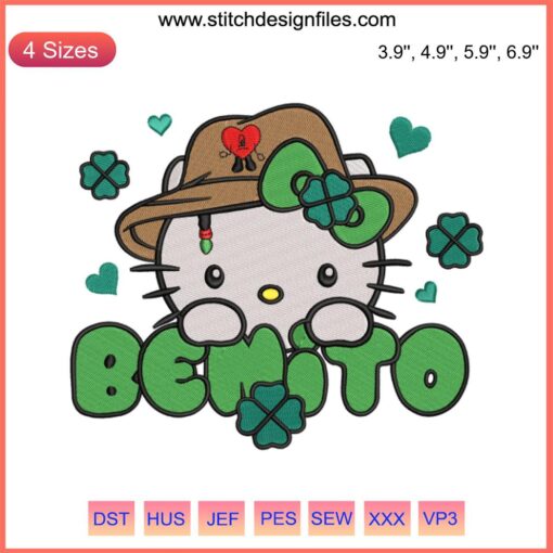 Hello Kitty Embroidery Design with Bad Bunny and Lucky Shamrock for Patrick’s Day - Digital File Download.