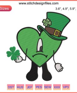 Sad heart leprechaun embroidery featuring Bad Bunny theme, perfect for St. Patrick's Day crafting projects. Downloadable design file.