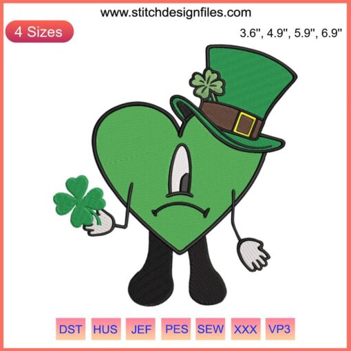 Sad heart leprechaun embroidery featuring Bad Bunny theme, perfect for St. Patrick's Day crafting projects. Downloadable design file.