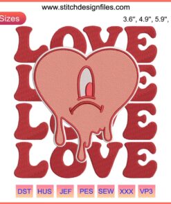 Colorful vintage embroidery of a sad heart wearing bunny ears; ideal for Valentine's crafts and Bad Bunny fans.