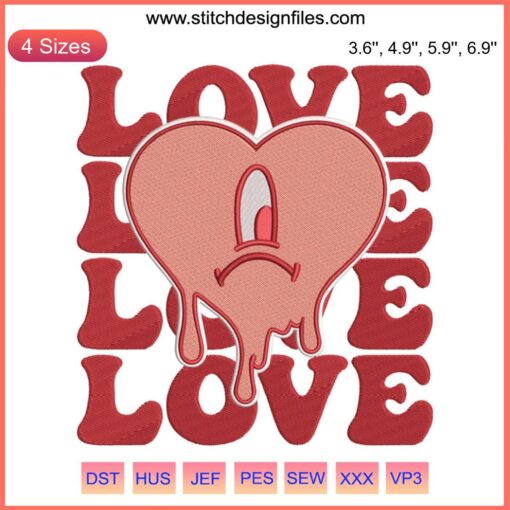 Colorful vintage embroidery of a sad heart wearing bunny ears; ideal for Valentine's crafts and Bad Bunny fans.