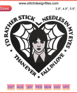 Wednesday Addams Heart Embroidery Design File: Dark-themed Valentine's motif with Addams' braids, gothic lace heart pattern.