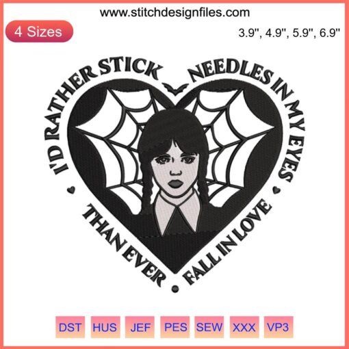 Wednesday Addams Heart Embroidery Design File: Dark-themed Valentine's motif with Addams' braids, gothic lace heart pattern.