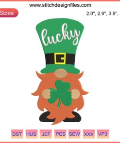 St. Patrick's Day Shamrock Gnome Embroidery: Big Hat Gnome Holding Shamrock, Festive Design, Whimsical Decor.