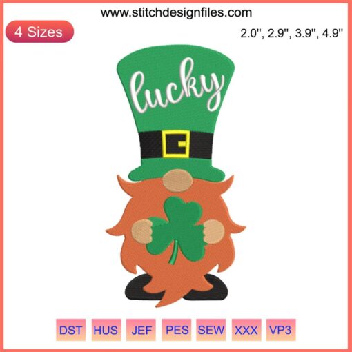 St. Patrick's Day Shamrock Gnome Embroidery: Big Hat Gnome Holding Shamrock, Festive Design, Whimsical Decor.
