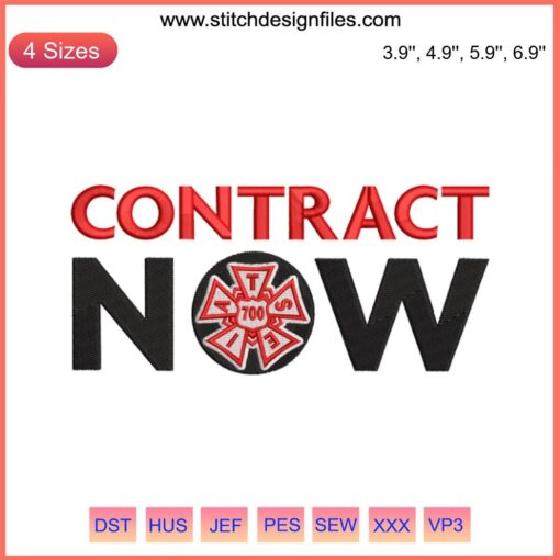 "Contract Now Embroidery Design: SNL Trending Quote for Workers' Rights. Bold Typeface, Modern Digital Art for Apparel Customization."